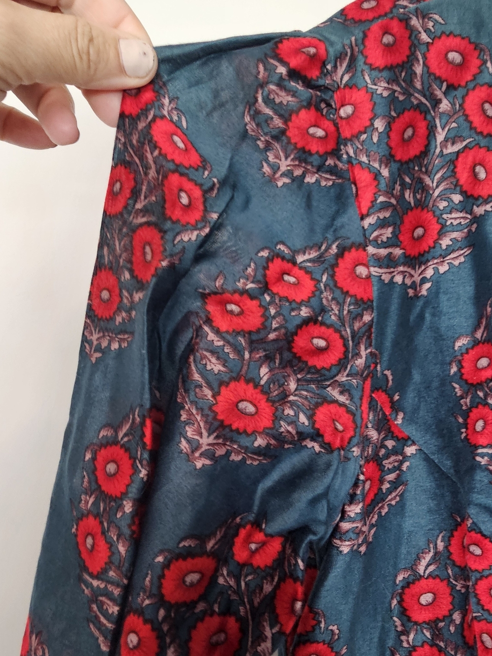 Vintage Teal Red Floral Satin Boho Maxi Dress Mandarin Collar Cottagecore - Picture 8 of 14